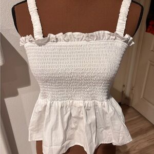 Top Shop White Smocked Ruffle Top— like new- so cute for spring and summer!